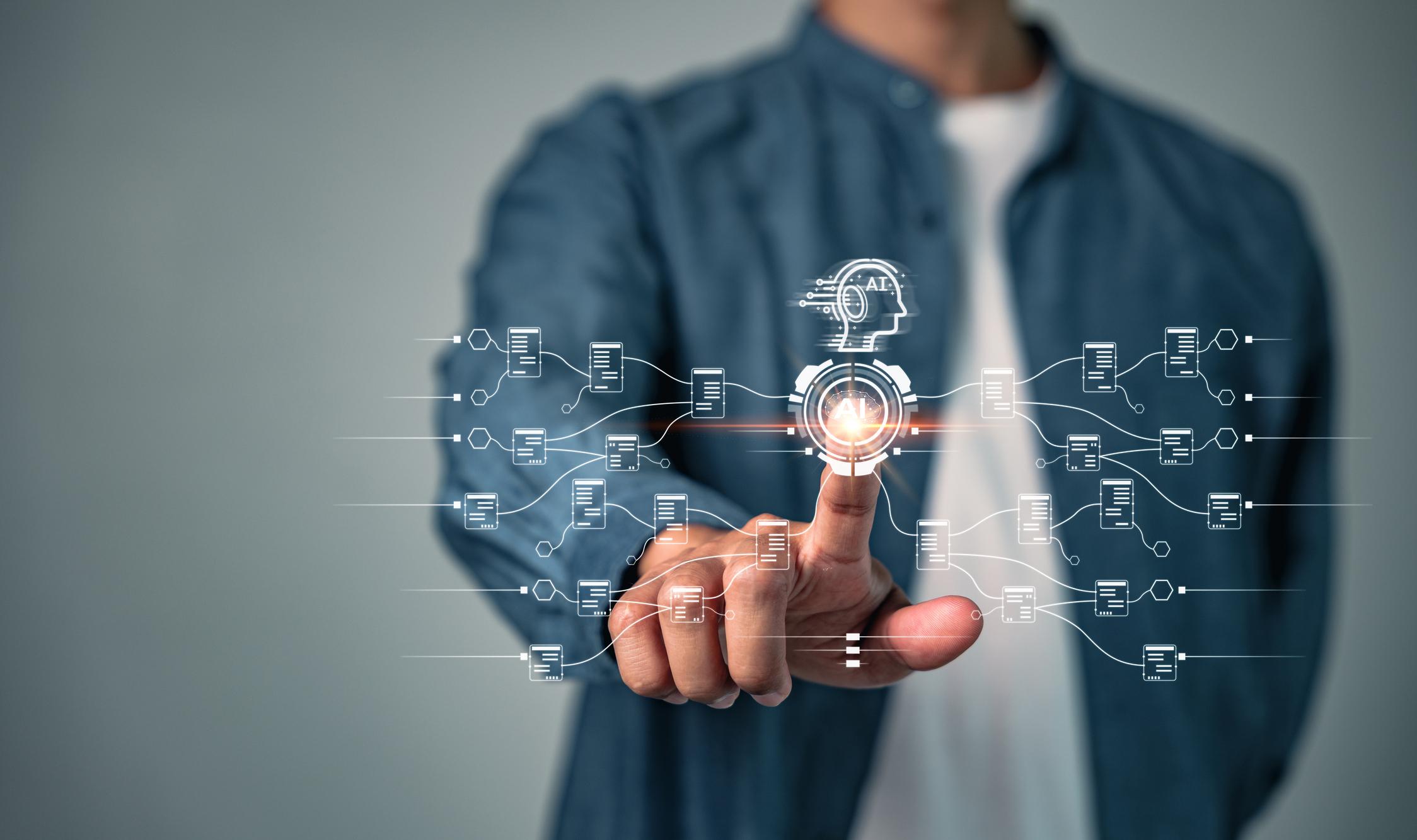 Mão humana tocando interface digital simbolizando delegação de decisão para inteligência artificial