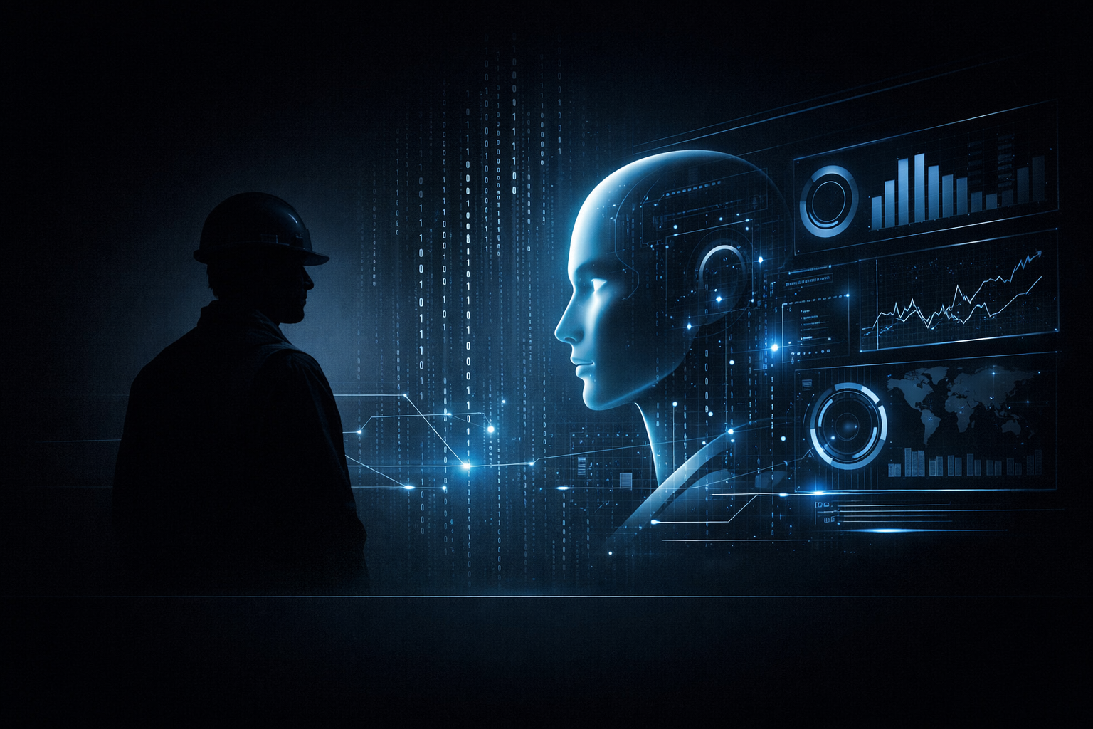 Silhueta humana e interface de IA representando automação e reclassificação do trabalho